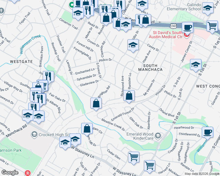map of restaurants, bars, coffee shops, grocery stores, and more near 1411 Green Forest Drive in Austin