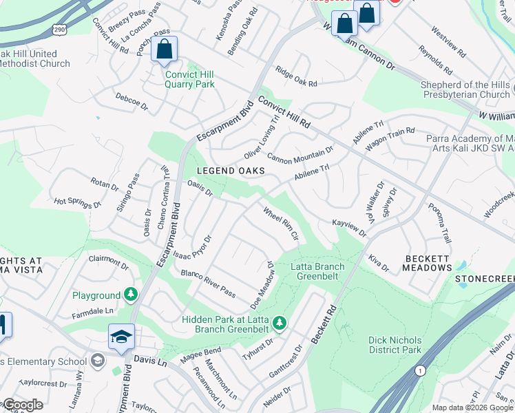 map of restaurants, bars, coffee shops, grocery stores, and more near 6017 Abilene Trail in Austin
