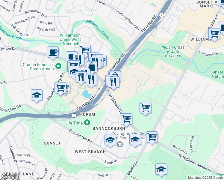 map of restaurants, bars, coffee shops, grocery stores, and more near South Mo Pac Expressway in Austin
