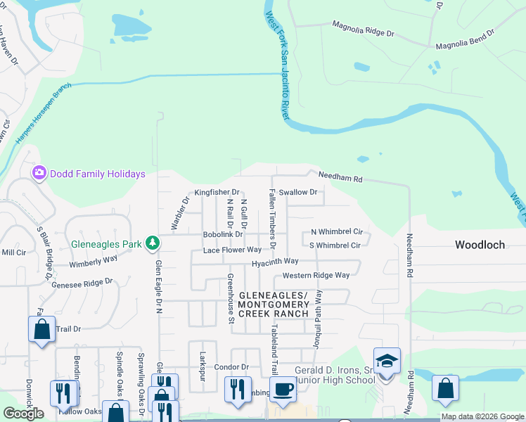 map of restaurants, bars, coffee shops, grocery stores, and more near 16759 North Thrasher Drive in Conroe