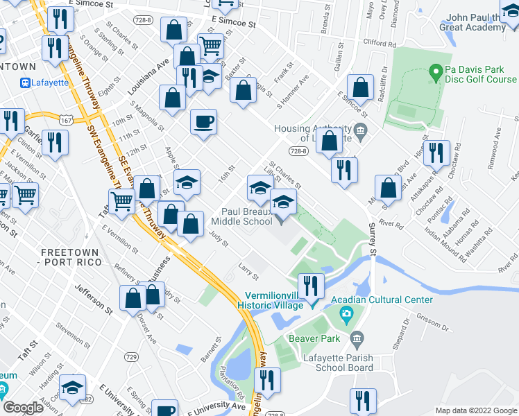 map of restaurants, bars, coffee shops, grocery stores, and more near 200 18th Street in Lafayette