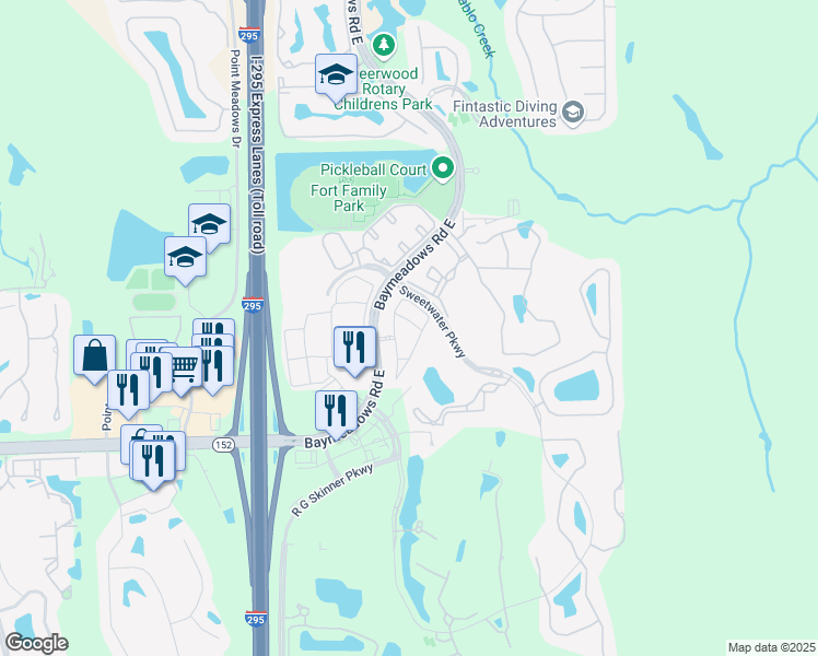 map of restaurants, bars, coffee shops, grocery stores, and more near 8685 Baymeadows Road East in Jacksonville
