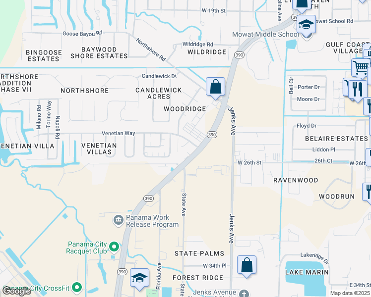 map of restaurants, bars, coffee shops, grocery stores, and more near 415 Venetian Way in Panama City