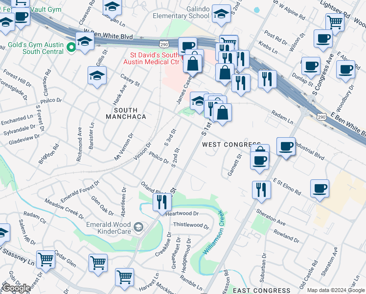 map of restaurants, bars, coffee shops, grocery stores, and more near 4413 South 2nd Street in Austin