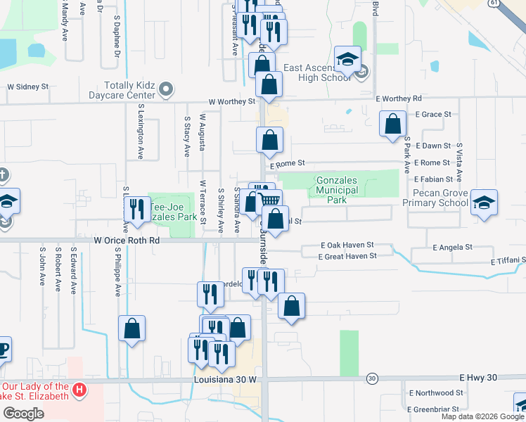 map of restaurants, bars, coffee shops, grocery stores, and more near  in Gonzales