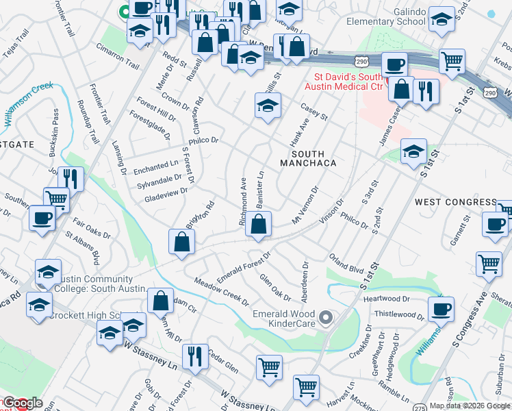 map of restaurants, bars, coffee shops, grocery stores, and more near 4619 Richmond Avenue in Austin