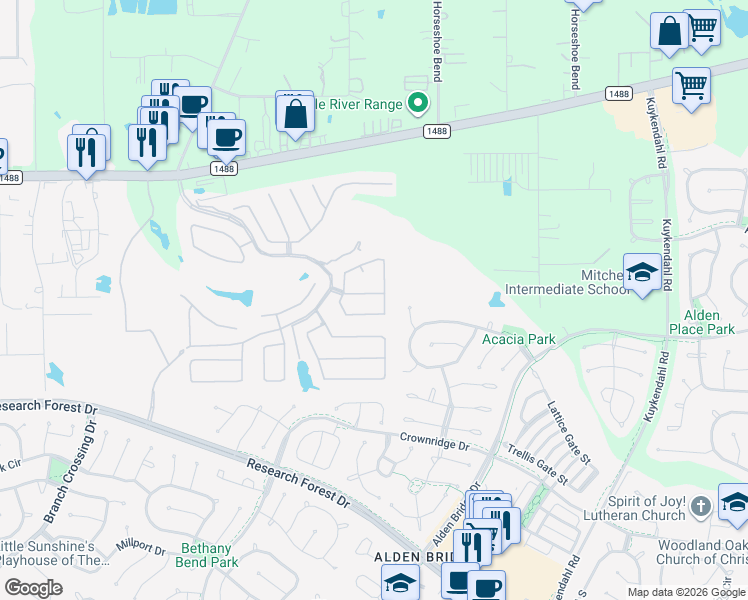 map of restaurants, bars, coffee shops, grocery stores, and more near 229 Andalusian Way in Spring