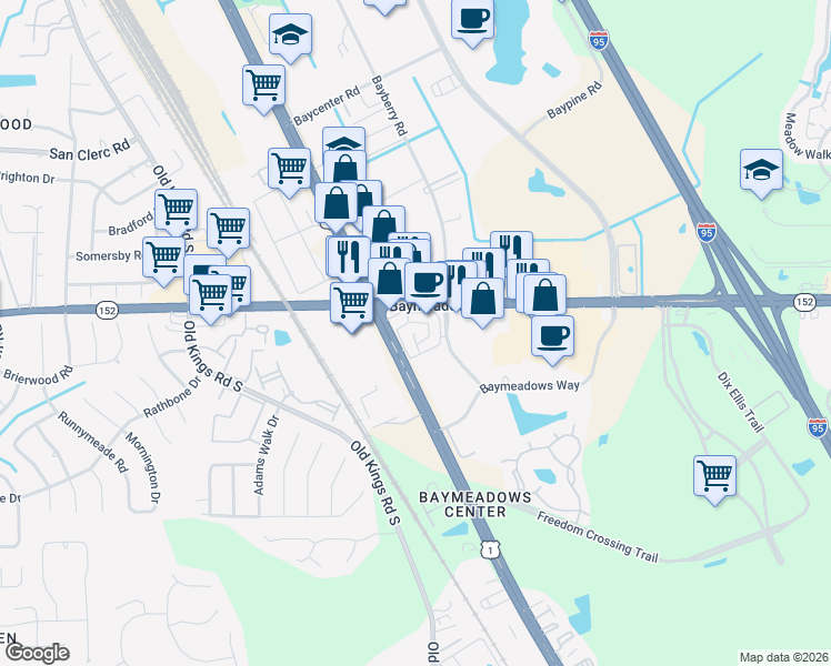 map of restaurants, bars, coffee shops, grocery stores, and more near Centurion Square Ap in Jacksonville