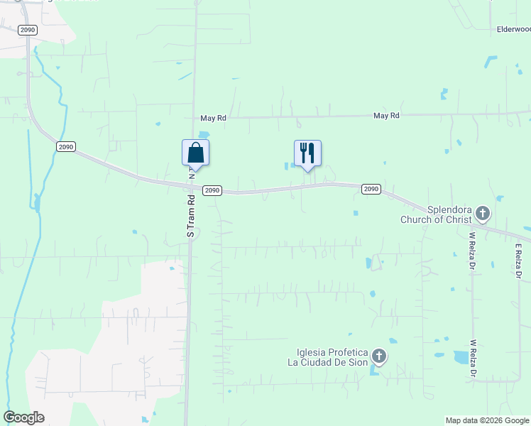 map of restaurants, bars, coffee shops, grocery stores, and more near 27616 Farm to Market Road 2090 in Splendora