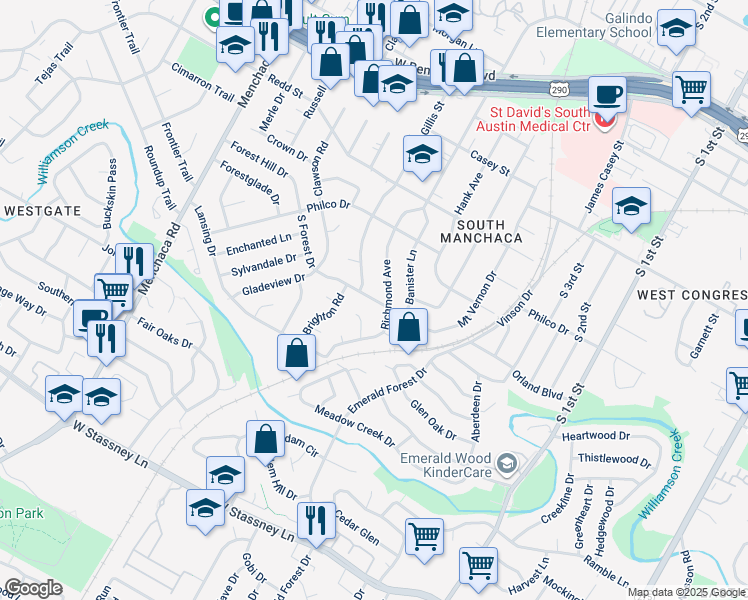 map of restaurants, bars, coffee shops, grocery stores, and more near Green Forest Drive in Austin