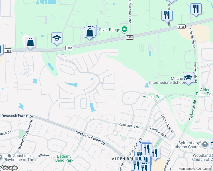 map of restaurants, bars, coffee shops, grocery stores, and more near 229 Andalusian Way in Spring