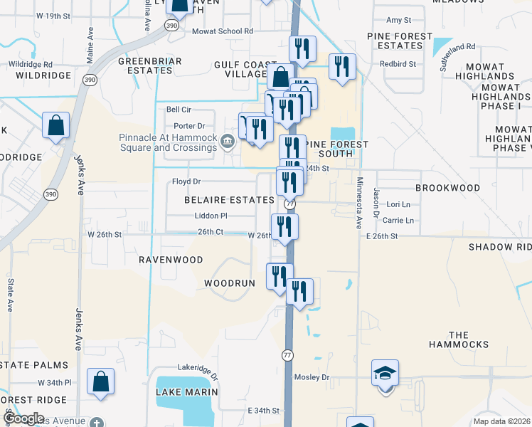 map of restaurants, bars, coffee shops, grocery stores, and more near 2501 Petty Drive in Lynn Haven