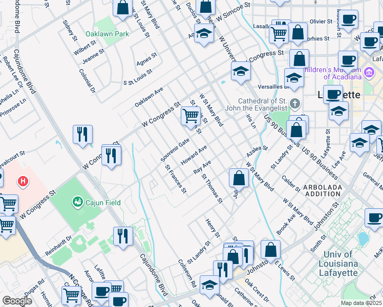 map of restaurants, bars, coffee shops, grocery stores, and more near 412 Howard Avenue in Lafayette