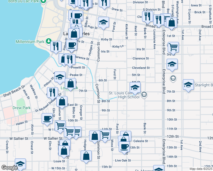 map of restaurants, bars, coffee shops, grocery stores, and more near 1506 Moss Street in Lake Charles