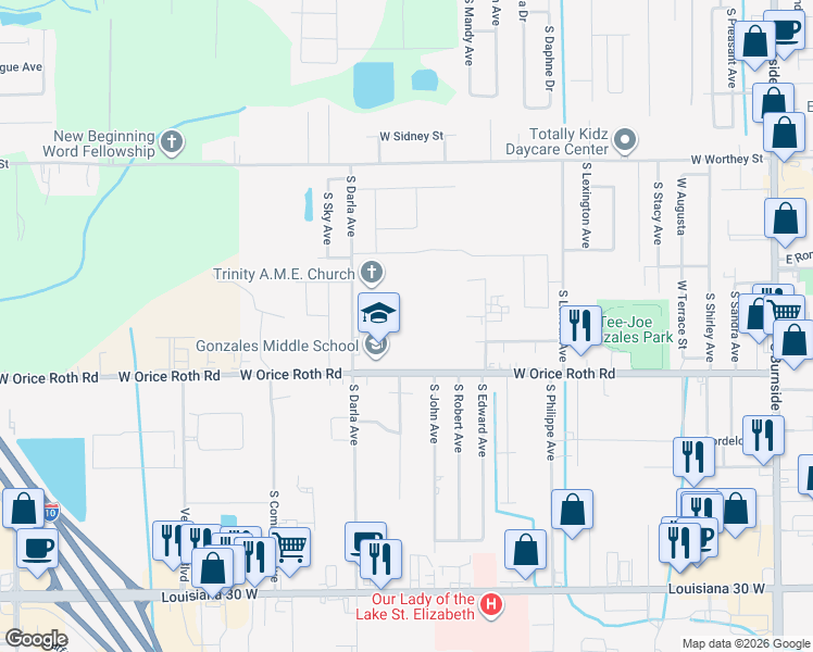 map of restaurants, bars, coffee shops, grocery stores, and more near 1502 West Orice Roth Road in Gonzales