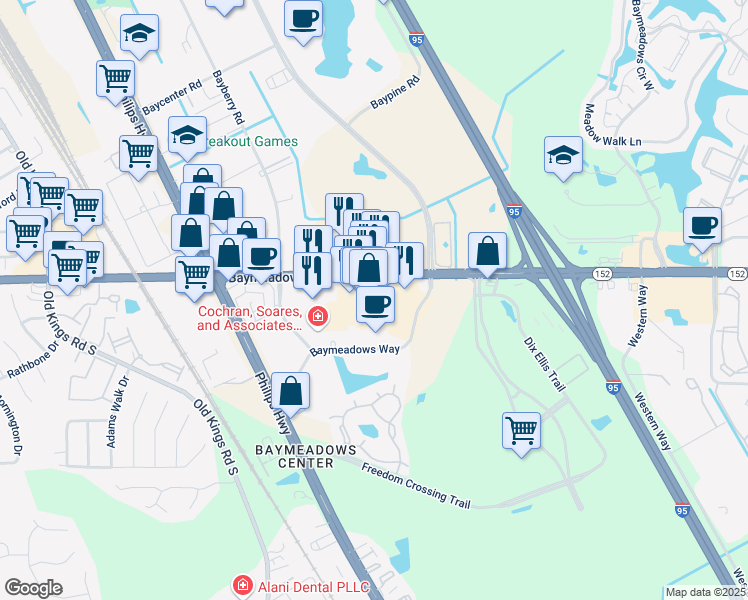 map of restaurants, bars, coffee shops, grocery stores, and more near 8634 Baymeadows Road in Jacksonville