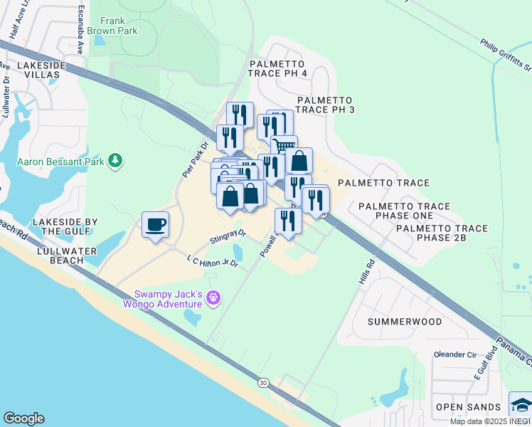 map of restaurants, bars, coffee shops, grocery stores, and more near Pier Park Drive in Panama City Beach