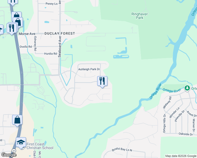 map of restaurants, bars, coffee shops, grocery stores, and more near 6970 Deer Island Road in Jacksonville