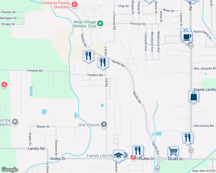 map of restaurants, bars, coffee shops, grocery stores, and more near 110 Gena Marie Drive in Lafayette