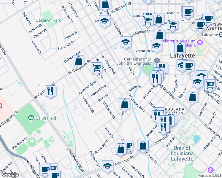 map of restaurants, bars, coffee shops, grocery stores, and more near 512 Saint Louis Street in Lafayette