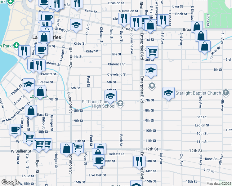 map of restaurants, bars, coffee shops, grocery stores, and more near 1414 Reid Street in Lake Charles