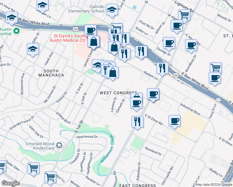 map of restaurants, bars, coffee shops, grocery stores, and more near 411 West Saint Elmo Road in Austin