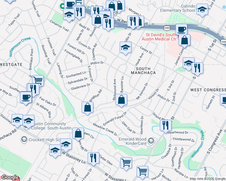 map of restaurants, bars, coffee shops, grocery stores, and more near 4619 Richmond Avenue in Austin