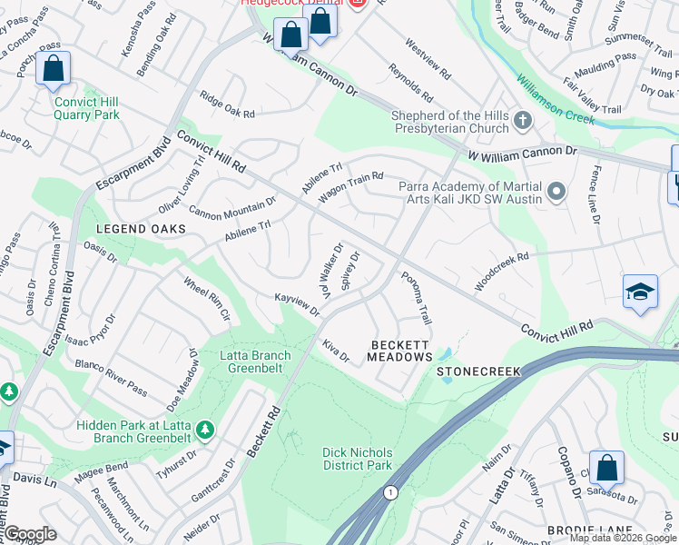 map of restaurants, bars, coffee shops, grocery stores, and more near 7407 Spivey Drive in Austin