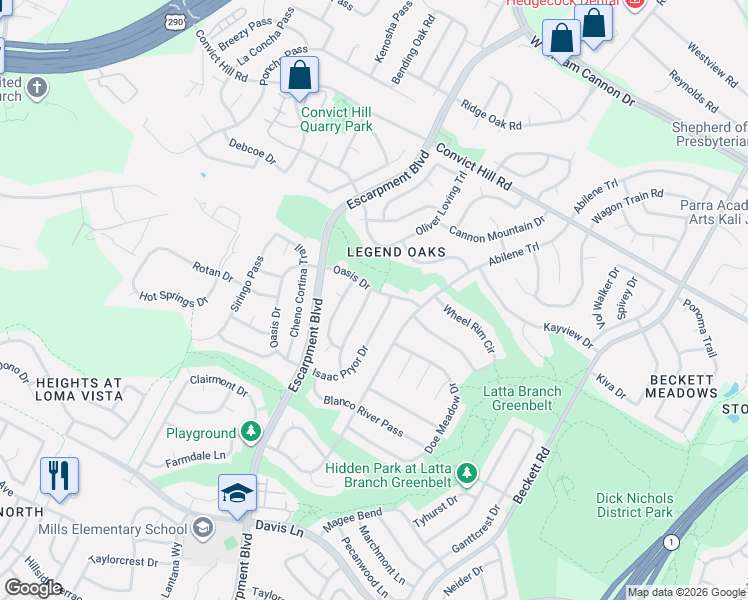 map of restaurants, bars, coffee shops, grocery stores, and more near 6100 Oasis Drive in Austin