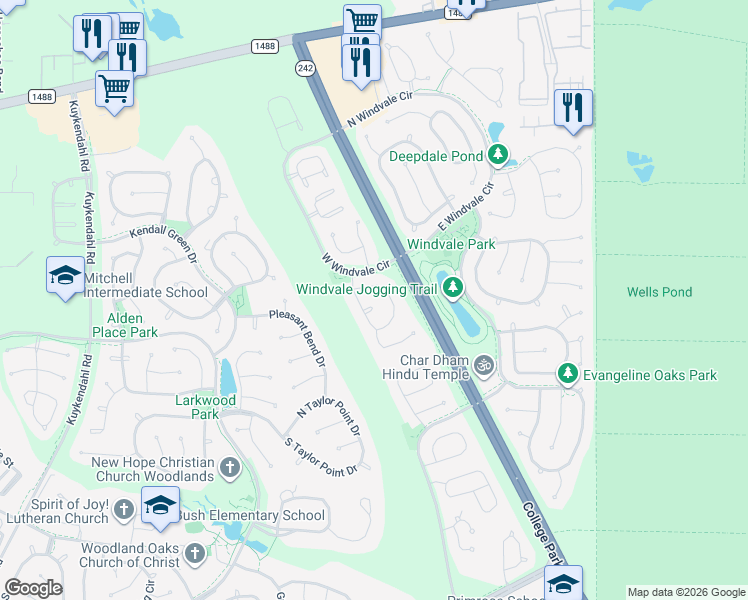 map of restaurants, bars, coffee shops, grocery stores, and more near 126 East Foxbriar Forest Circle in Spring