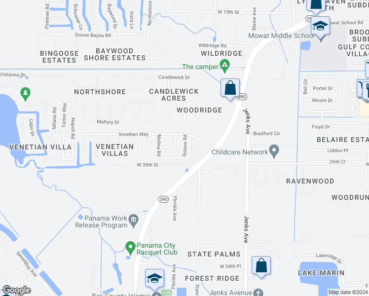 map of restaurants, bars, coffee shops, grocery stores, and more near 3945 Solano Road in Panama City