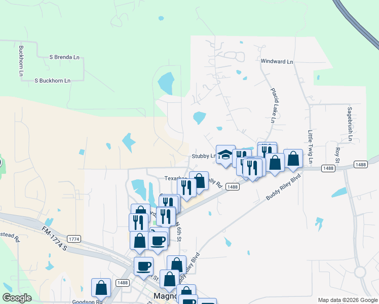 map of restaurants, bars, coffee shops, grocery stores, and more near 222 Stubby Lane in Magnolia