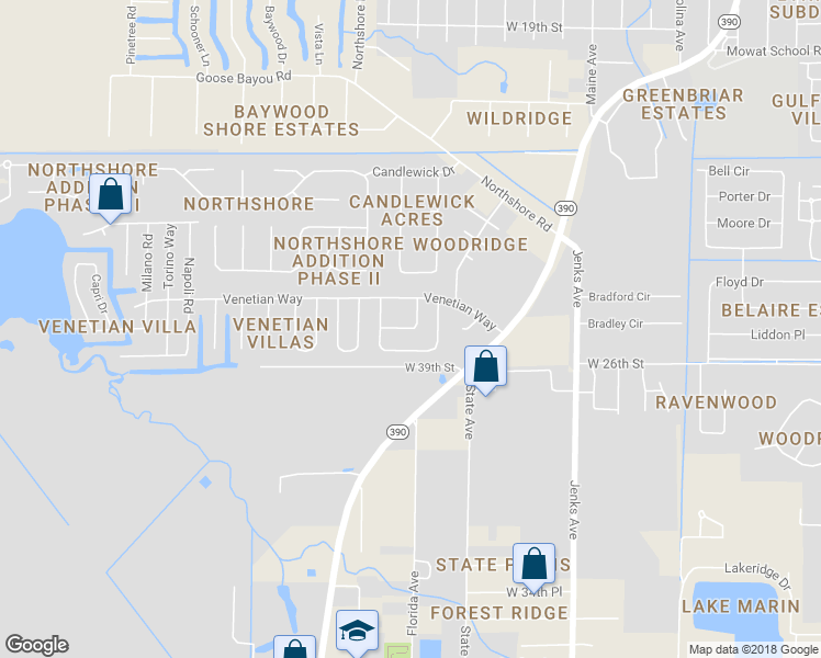 map of restaurants, bars, coffee shops, grocery stores, and more near 3900 Pisa Drive in Panama City