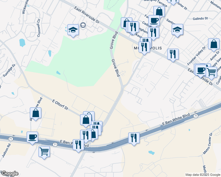 map of restaurants, bars, coffee shops, grocery stores, and more near 2500 Montopolis Drive in Austin