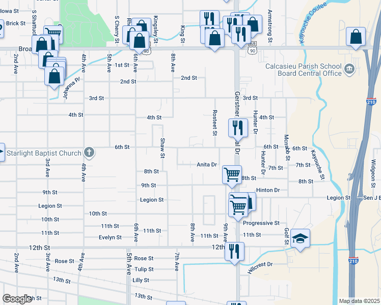 map of restaurants, bars, coffee shops, grocery stores, and more near 2399-2499 6th St in Lake Charles