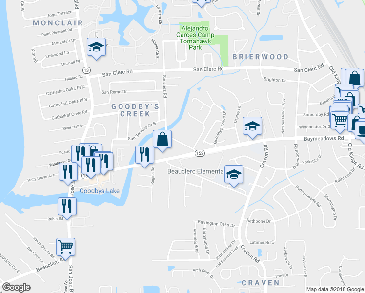 map of restaurants, bars, coffee shops, grocery stores, and more near 4479 Baymeadows Road in Jacksonville