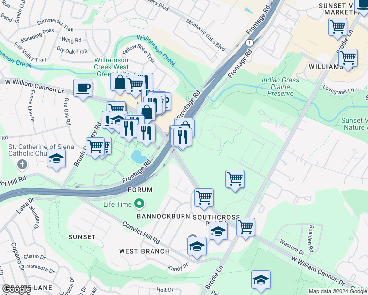 map of restaurants, bars, coffee shops, grocery stores, and more near 6611 South MoPac Expressway in Austin