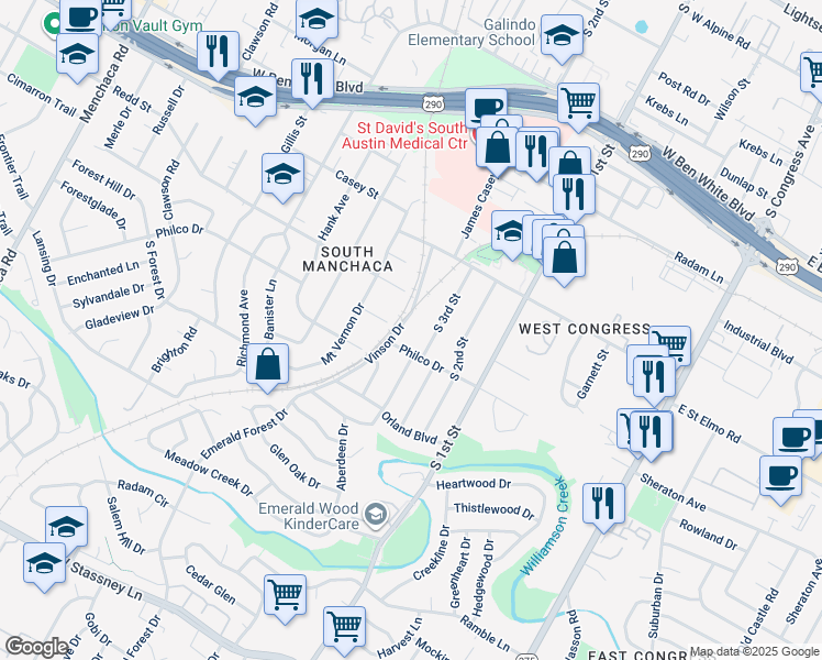 map of restaurants, bars, coffee shops, grocery stores, and more near 4511 Vinson Drive in Austin