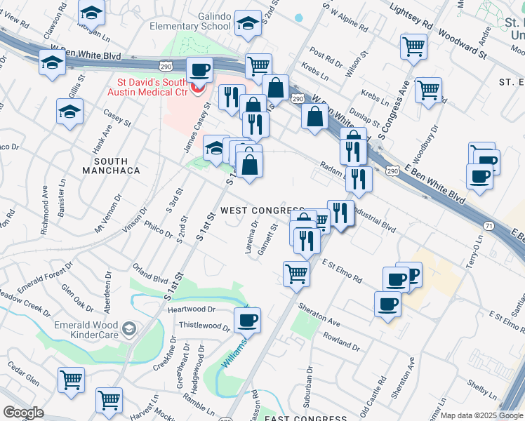 map of restaurants, bars, coffee shops, grocery stores, and more near W St Elmo Rd & Lareina Dr in Austin