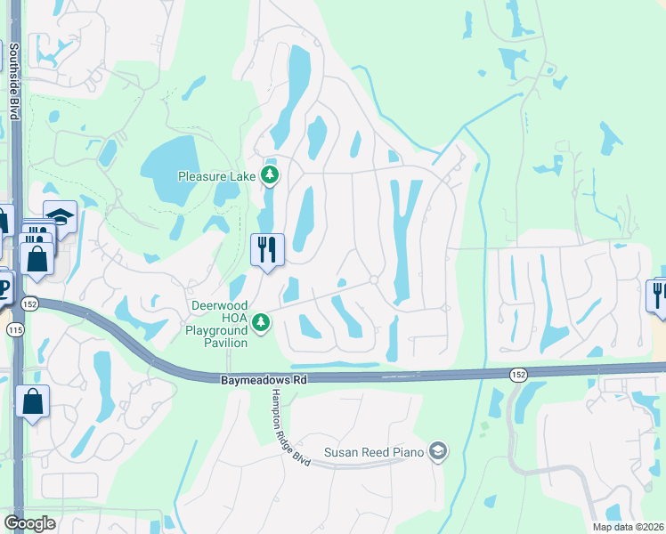 map of restaurants, bars, coffee shops, grocery stores, and more near 8119 Pine Lake Road in Jacksonville