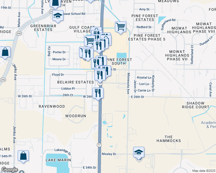 map of restaurants, bars, coffee shops, grocery stores, and more near 2409 Florida 77 in Lynn Haven
