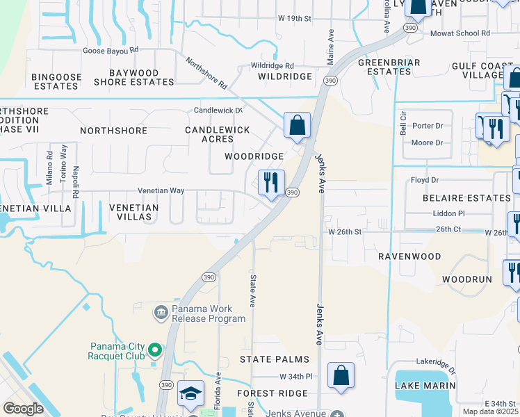 map of restaurants, bars, coffee shops, grocery stores, and more near 415 Venetian Way in Panama City