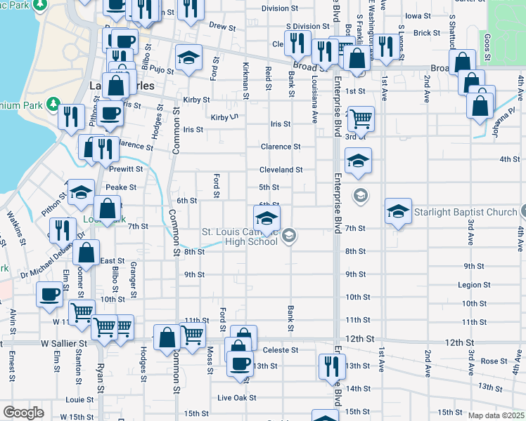 map of restaurants, bars, coffee shops, grocery stores, and more near 1414 Reid Street in Lake Charles