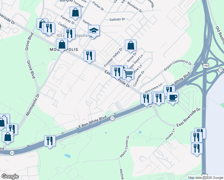 map of restaurants, bars, coffee shops, grocery stores, and more near 7208 Bertram Court in Austin