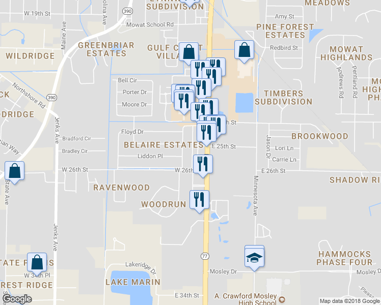 map of restaurants, bars, coffee shops, grocery stores, and more near 2516 Johnson Drive in Lynn Haven