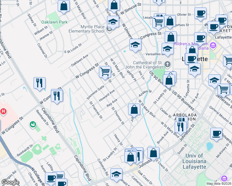 map of restaurants, bars, coffee shops, grocery stores, and more near 501 Saint Joseph Street in Lafayette