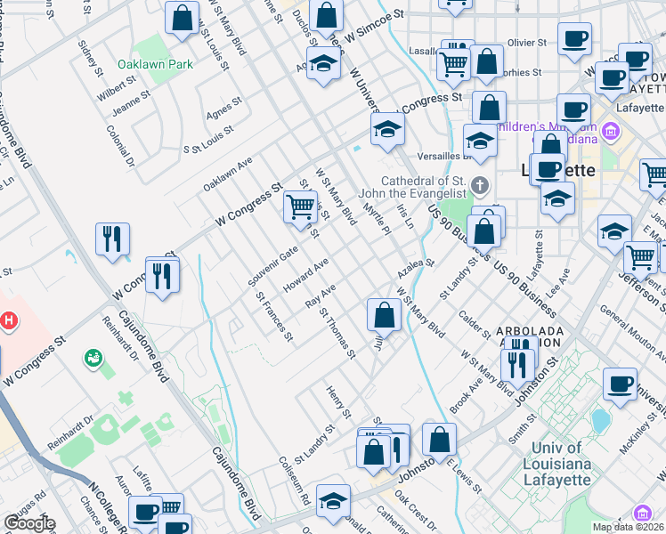 map of restaurants, bars, coffee shops, grocery stores, and more near 501 Saint Joseph Street in Lafayette