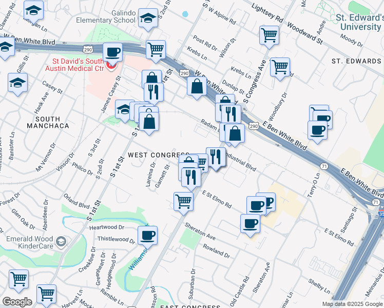 map of restaurants, bars, coffee shops, grocery stores, and more near 4300 South Congress Avenue in Austin