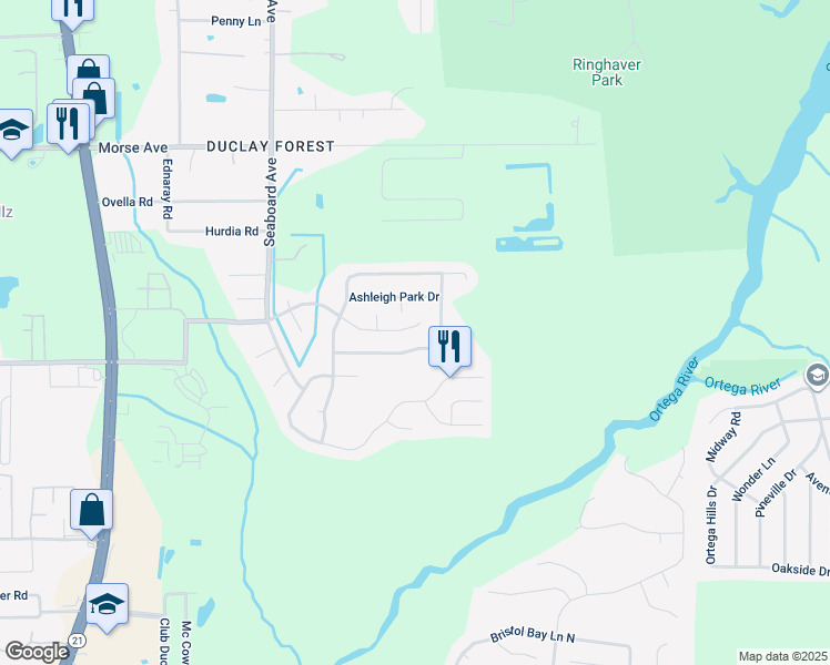 map of restaurants, bars, coffee shops, grocery stores, and more near 5514 Ortega Park Boulevard in Jacksonville