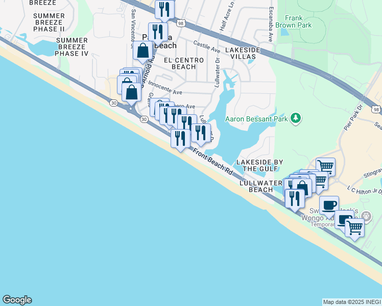 map of restaurants, bars, coffee shops, grocery stores, and more near 16819 Front Beach Road in Panama City Beach
